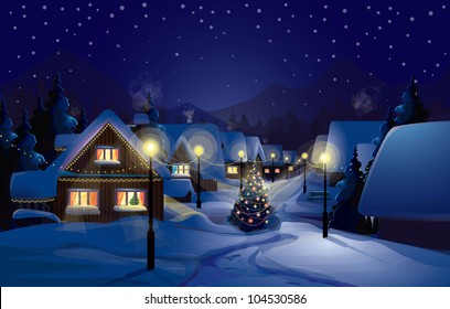 Winter Village Landscape Stock Illustration - Download Image Now
