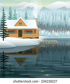 Vector winter landscape with mountain lake and wooden house