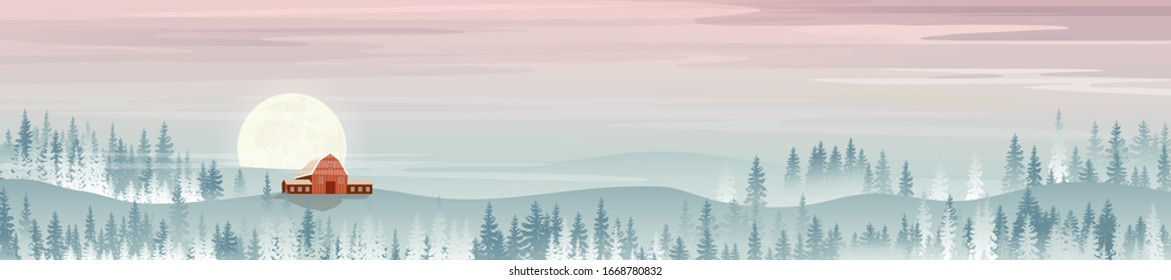 Vector winter landscape with mountain landscape of misty pine trees forest in the morning, Peaceful panoramic natural in minimalist style, Natural background concept