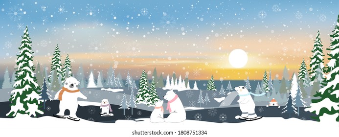 Vector winter landscape with mountain landscape of misty pine trees forest in the morning, Peaceful panorama natural with happy family polar bear and cubs relaxing in evening