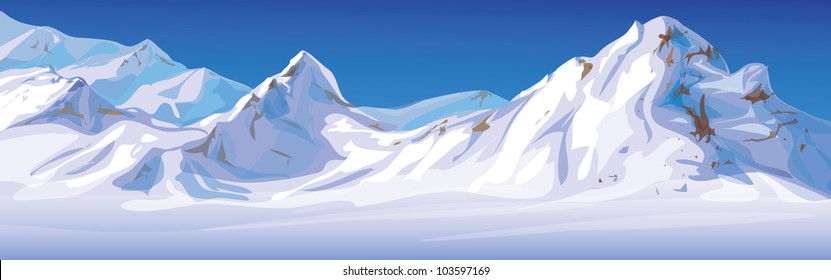 Vector Of Winter Landscape, Mountains Covered Snow.