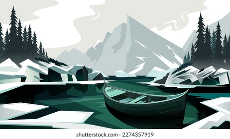 Vector winter landscape, mountains frozen lake, around the lake forest, in the middle of the lake wooden boat