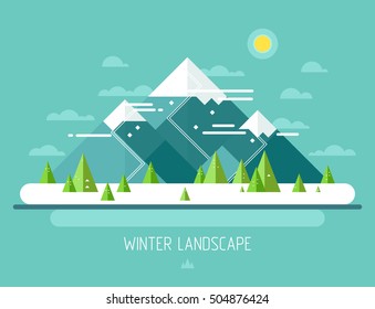 Vector winter landscape. Mountains illustration. Flat design. Nature background.