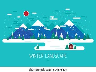 Vector winter landscape. Mountains illustration. Flat design. Nature background.