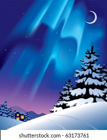 Vector winter landscape with the northern lights