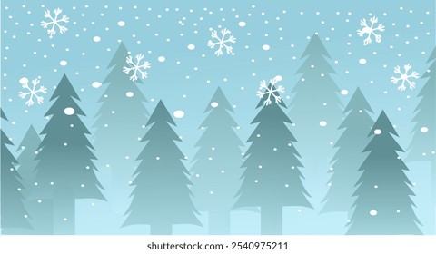 Vector Winter Landscape With Pine Tree Silhouettes During Snowfall, Good For Backgrounds, Posters And Banners