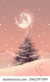 Vector Winter landscape, postcard scene, pink winter landscape