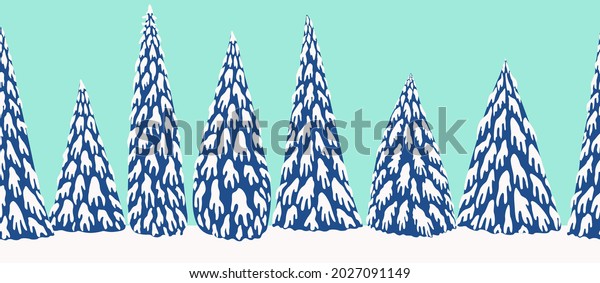 Vector winter landscape seamless border,\
fairy tale fir tree pattern. Christmas and New Year vacations\
turquoise and blue background. Web page\
divider