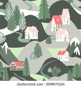 Vector - Winter landscape seamless pattern with houses and trees.