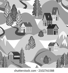 Vector - Winter landscape seamless pattern with houses and trees.