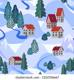 Vector - Winter landscape seamless pattern with houses and trees.