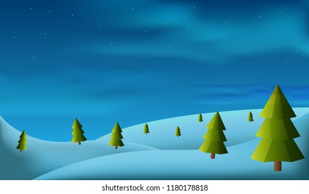 Vector winter landscape with snow covered hills and christmas trees