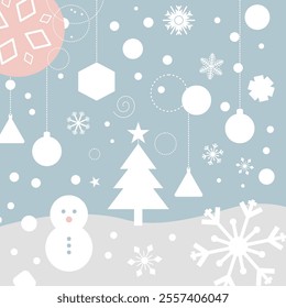 Vector winter landscape with snow falling. snow man and tree in flat style, Suitable for greeting card for Merry Christmas or Happy Holidays.