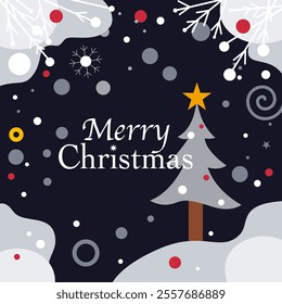 Vector winter landscape with snow falling and Christmas tree, flat style, Suitable for greeting card for Merry Christmas or other greeting.