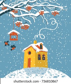 Vector winter landscape with snow-covered branches and red clusters of Rowan, bullfinches and a bird feeder, the yellow house in the snow in flat style