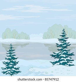 Vector  winter landscape: snow  covered forest  frozen river   the blue sky and white clouds