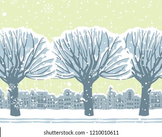 Vector winter landscape with snow-covered trees at the park on the background of the sky with snowflakes and the old European town. Vector illustration, winter background