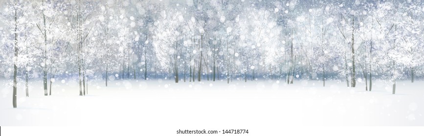 Vector of winter landscape, snowfall in forest.