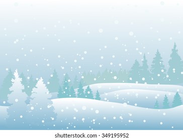 Vector of winter landscape, snowfall in forest.