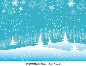 Vector of winter landscape, snowfall in forest.