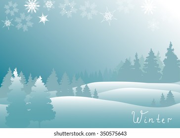 Vector of winter landscape, snowfall in forest.