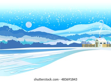 Vector of winter landscape. Snowy Christmas night village