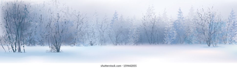 Vector of winter landscape, snowy forest.