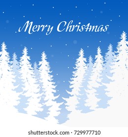 Vector winter landscape with snowy forest and trees with falling snow under blue sky with the inscription Merry Christmas