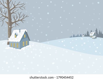 Vector winter landscape with snowy hills, tree, houses and snowfall