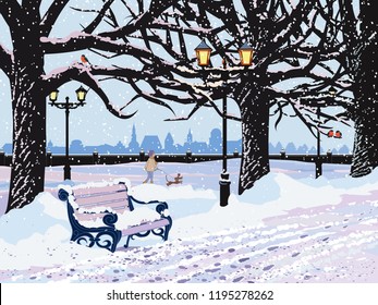 Vector winter landscape with snowy park in the evening