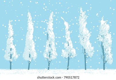 Vector Winter Landscape With Snowy Trees In A Field On Blue Sky Background. Seamless Pattern Of Snow Covered Trees And Snowfall.