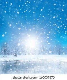 Vector winter landscape, sunny day.