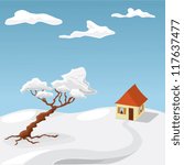 Vector winter landscape with tree, road and house