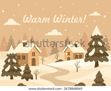 Vector winter landscape. Warm beige and golden winter village with snowy roofs and trees, with space for text. Perfect for New Year and Christmas cards, seasonal promotions, banners and greetings