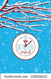 Vector winter landscape with words Winter o'clock on the clock, with snow-covered tree branches in the park or garden on a background of blue sky with snowflakes