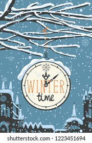 Vector winter landscape with words Winter time on the clock, with snow-covered tree branches on the background of the evening sky with snowflakes and snow-covered old European town