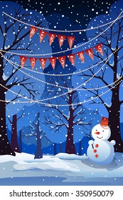 Vector winter landscape.Christmas background. Snowy Christmas night scene with  tree and snowmen.