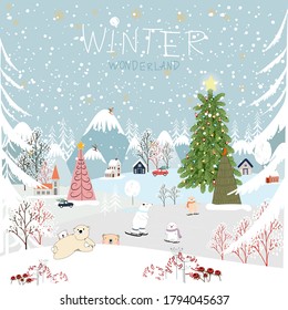 Vector Winter landscape,Cute winter wonderland at countryside with snow falling, polar bear playing ice skates in the park and family skiing on the mountain, Kawaii greeting card for Christmas holiday