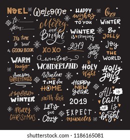 Vector winter lettering. Hand drawn phrase and quotes. Merry Christmas. Happy New Year, 2019. Typography set  for banners, greeting cards, gift tags etc.