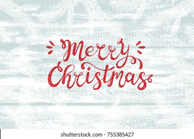 Vector Winter Light Blue Wooden background with White Christmas tree branches. Merry Christmas greeting card with hand lettering calligraphic. Wood Old Shabby Chic Texture. Vintage Grunge background