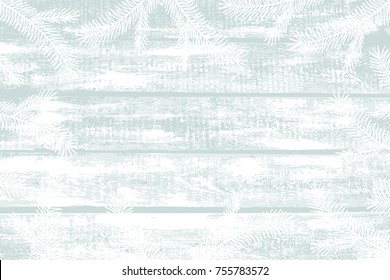 Vector Winter Light Blue Wooden background with White Christmas tree branches. Christmas and Happy New Year greeting card template. Wood Old Shabby Chic Texture. Vintage Grunge background
