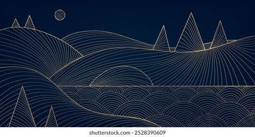 Vector winter line landscape, Christmas golden line background. Mountains and trees, ice illustration, nature minimalist pattern