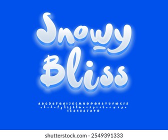 Vector winter logo Snowy Bliss. Cold White 3D Font. Funny Glowing Alphabet Letters and Numbers set.