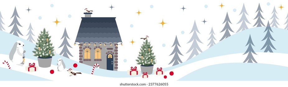 Vector invierno de fondo o pancarta, paisaje de la temporada navideña con árbol de noel de la casa en una olla, conejos, pájaros y decoración.
