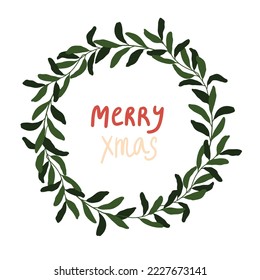 Vector winter Merry Christmas quote, mistletoe wreath illustration. Hand painted lettering and branch. Cozy cute flat premade poster composition