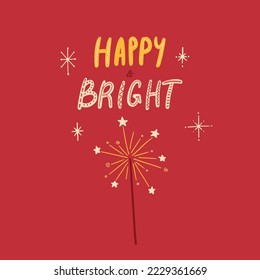 Vector winter Merry Christmas quote, sparkler stick illustration. Hand painted lettering. Cozy cute flat premade poster composition