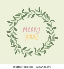 Vector winter Merry Christmas quote, mistletoe wreath illustration. Hand painted lettering and branch. Cozy cute flat premade poster composition