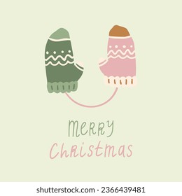Vector winter Merry Christmas quote and warm mittens illustration. Hand painted lettering clipart. Cozy cute flat premade poster composition for greetings and posters