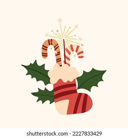 Vector winter Merry Christmas socks with gifts illustration. Hand painted modern boho socks with candy canes and sparkler clipart. Cozy cute flat premade poster composition
