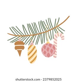 Vector winter Merry Christmas tree illustration. Hand painted modern boho decorated Christmas tree clipart. Cozy cute flat premade poster composition